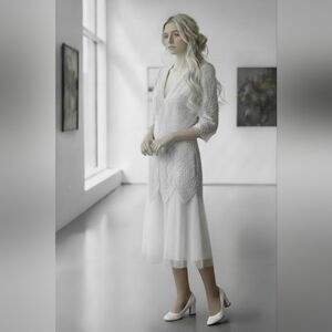 Pisarro Nights Absolutely Beautiful Light Gray Beaded Midi Or Tea-length Dress